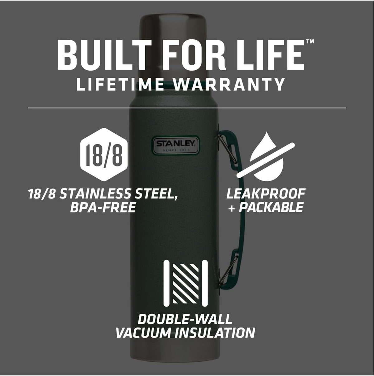 Stanley Heritage Classic Vacuum Bottle with Handle 1.1 qt | Wide Mouth w/Leakproof Cup Lid | Keep Drinks Hot or Cold | Insulated Stainless Steel Thermal Bottle | BPA-Free | Hammertone Green