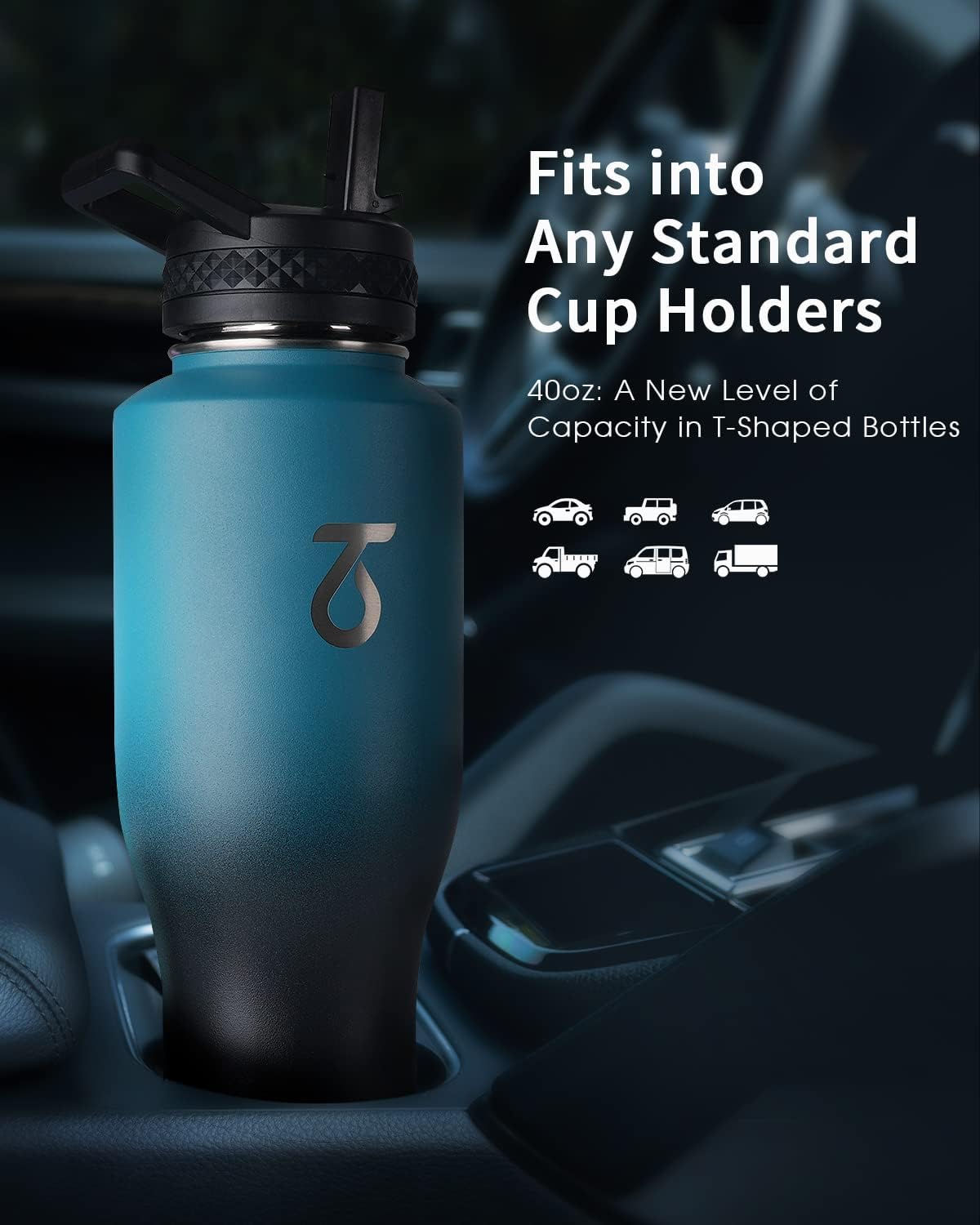 Trebo 40 oz Water Bottle Insulated Fit in Any Car Cup Holder with 2 Lids