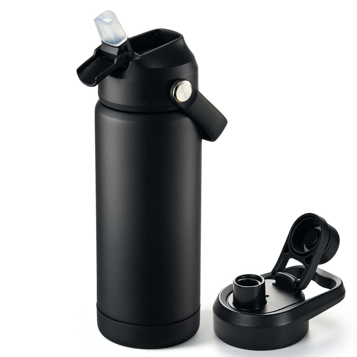 Fijinhom 24oz Insulated Stainless Steel Water Bottle, Wide Mouth Double Wall Vacuum, Silicone Straw, Sweat & Leak Proof, BPA Free Insulated Water Flask for Travel, Keep Cold 24h Hot 12h, Black