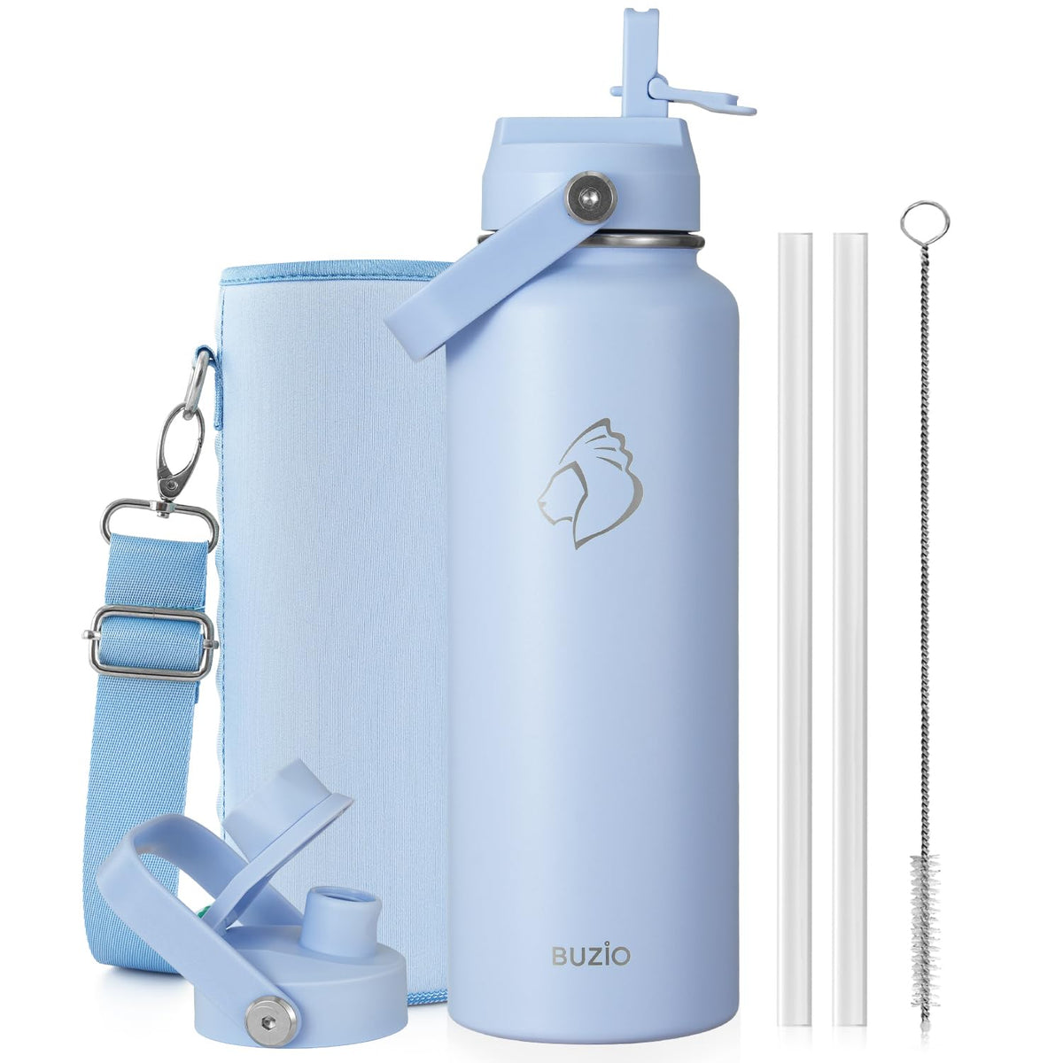 BUZIO 64 oz Insulated Stainless Steel Water Bottle with Dust-proof Lids
