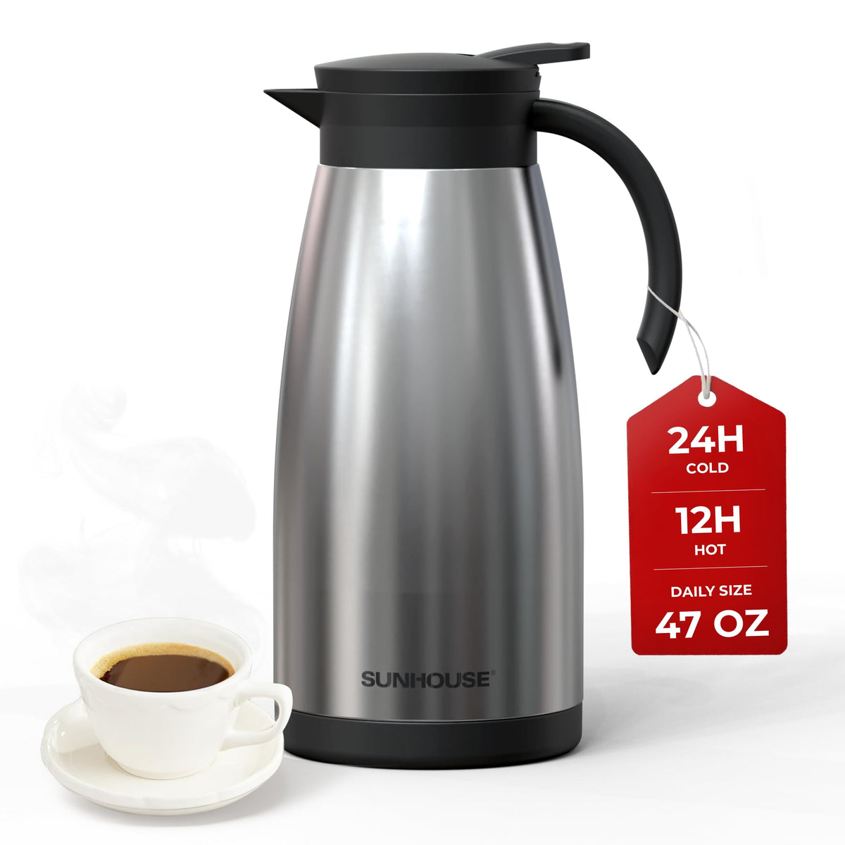 SUNHOUSE 34 Oz Thermal Coffee Carafe Insulated Stainless Steel Thermos