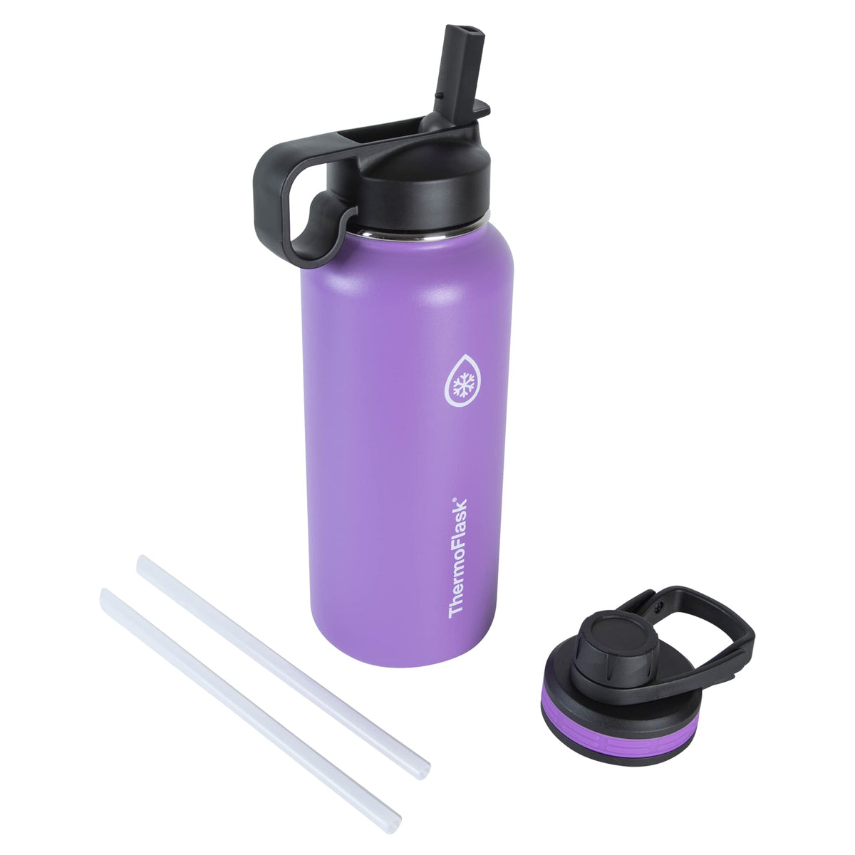 ThermoFlask 24 oz Double Wall Vacuum Insulated Stainless Steel Water Bottle - Reusable with Leakproof Chug & Straw Lids - Keeps Drinks Cold 24 hr/Hot 12 hr - Easy Maintenance - Gym/On-the-Go, Plum