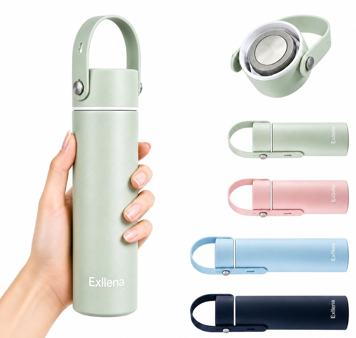 Exllena 【Upgraded】 Mini Insulated Water Bottle 6.8oz/200ml with Adjustable Silicone Handle– Small Flask for Hot & Cold Drinks, Leakproof, Ideal for Purse, Lunchbox...(Midnight Sapphire)