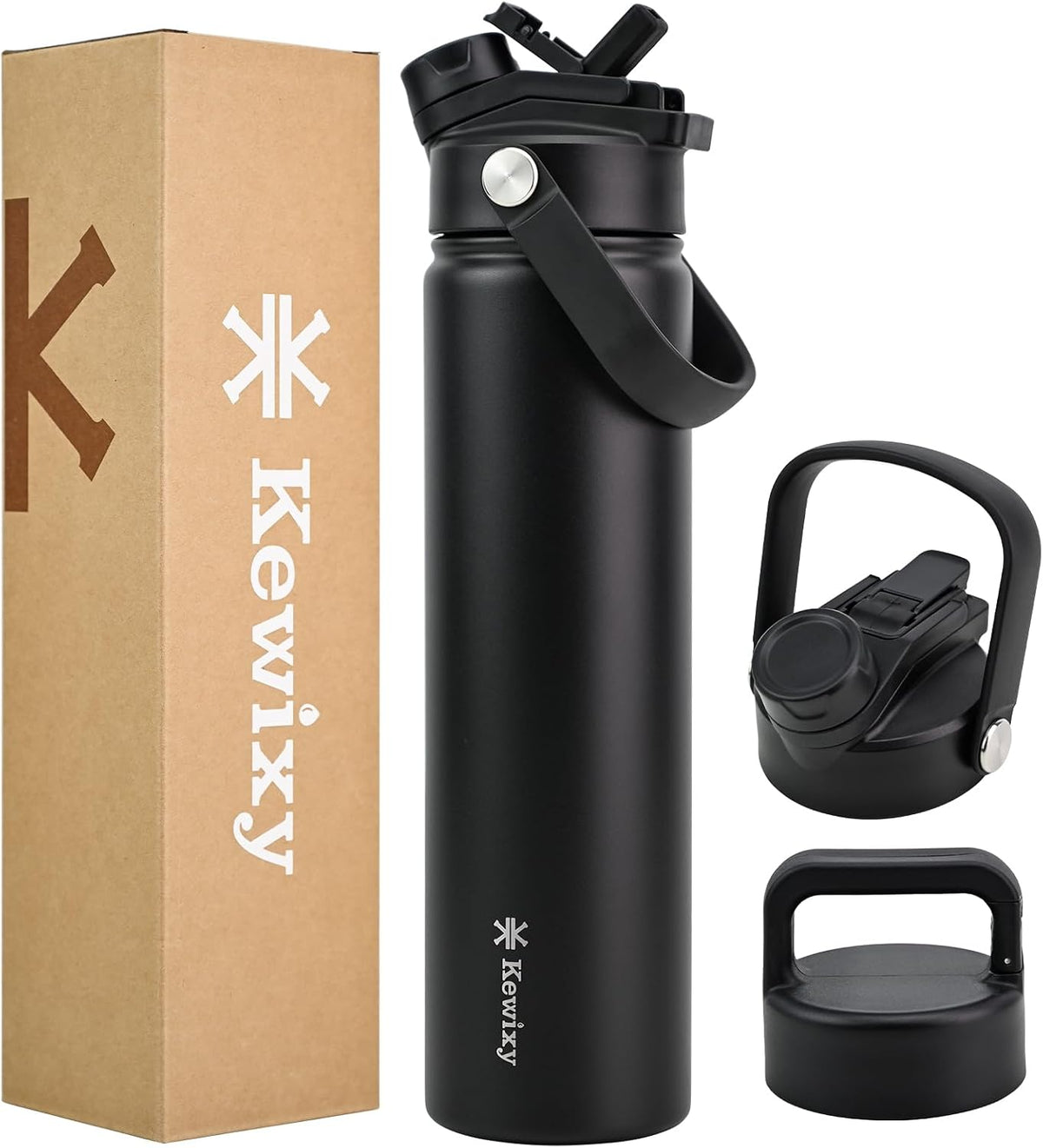 24 oz Insulated Water Bottle, 2-in-1 Lid, Straw & Spout with Protected, Leak Proof, Keep Cold 24H, Cup Holder Fit, Stainless Steel, Metal, Reusable, for Travel, Gym and School, 2 Lids, Midnight Black
