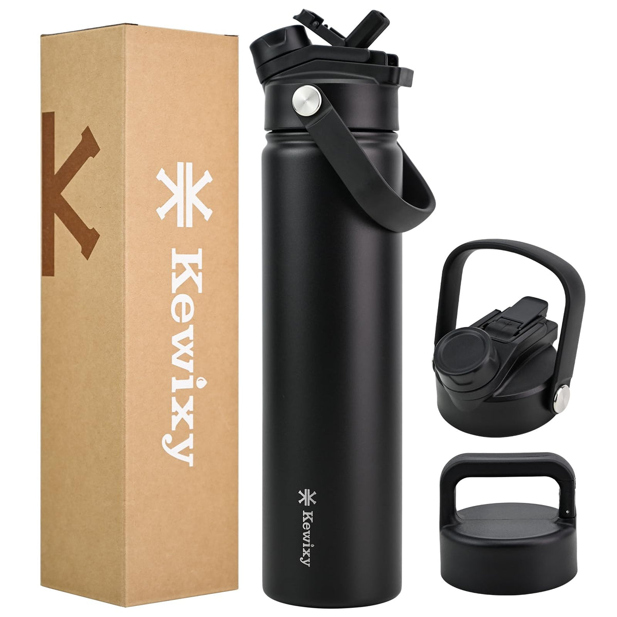 24 oz Insulated Water Bottle, 2-in-1 Lid, Straw & Spout with Protected, Leak Proof, Keep Cold 24H, Cup Holder Fit, Stainless Steel, Metal, Reusable, for Travel, Gym and School, 2 Lids, Midnight Black