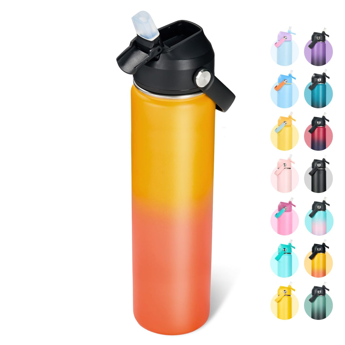 Fijinhom 24oz Insulated Stainless Steel Water Bottle, Wide Mouth Double Wall Vacuum, Silicone Straw, Sweat & Leak Proof, BPA Free Insulated Water Flask for Travel, Keep Cold 24h Hot 12h, Black