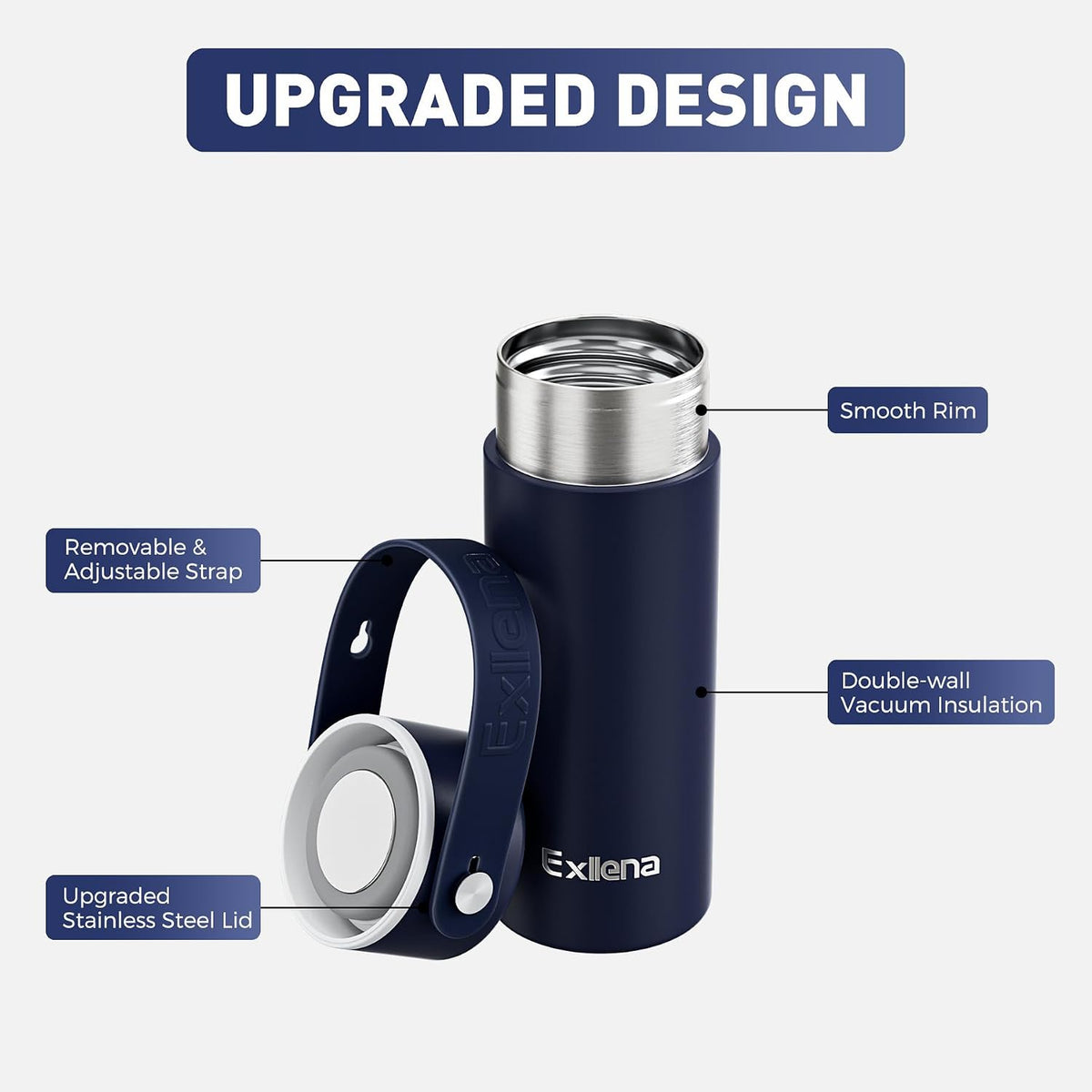 Exllena 【Upgraded】 Mini Insulated Water Bottle 6.8oz/200ml with Adjustable Silicone Handle– Small Flask for Hot & Cold Drinks, Leakproof, Ideal for Purse, Lunchbox...(Midnight Sapphire)