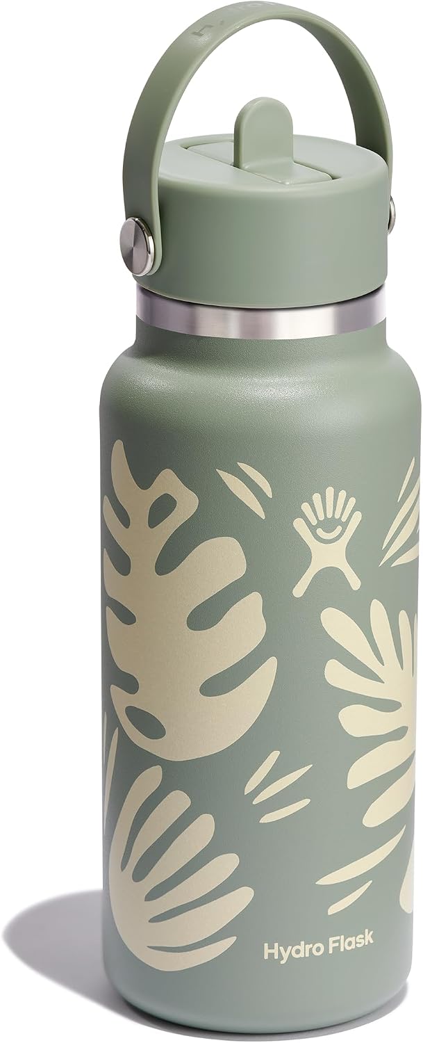 Hydro Flask Water Bottle - Insulated Stainless Steel - Wide Mouth Flex Straw Lid, Non Spill, Leakproof and Refillable in 32 Oz Botanical Bliss Agave