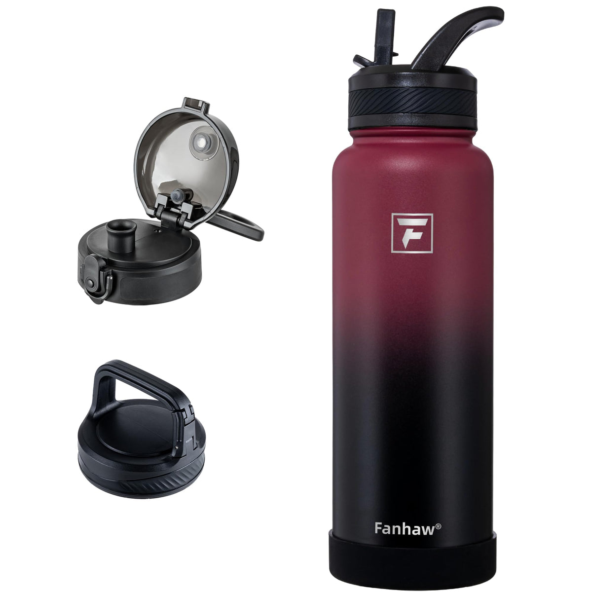 Fanhaw 32 oz Insulated Water Bottle – Portable Stainless Steel Flask with 3 Lids (Straw, Chug, Carabiner) | Leakproof, for Gym, Hiking, Work, Travel & Everyday Use (Black)