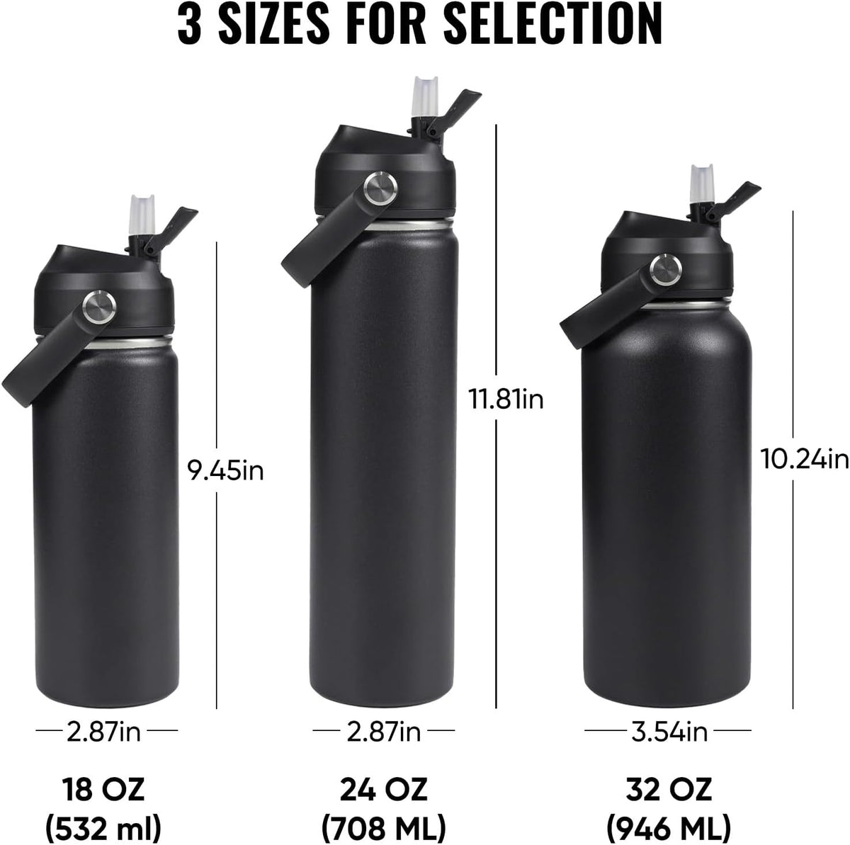 Fijinhom 24oz Insulated Stainless Steel Water Bottle, Wide Mouth Double Wall Vacuum, Silicone Straw, Sweat & Leak Proof, BPA Free Insulated Water Flask for Travel, Keep Cold 24h Hot 12h, Black