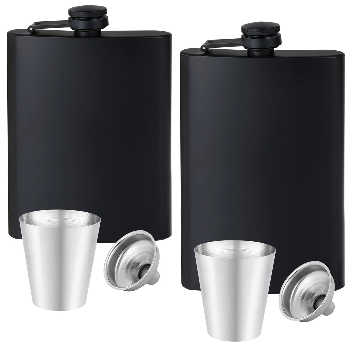 GADIEDIE 12oz+8oz Flask for Liquor for Men Matte Black Stainless Steel Leakproof Funnel and Cups, with Never-Lose Metal Cap, Drinking Flasks for Wedding Party Gift Outdoor Activities