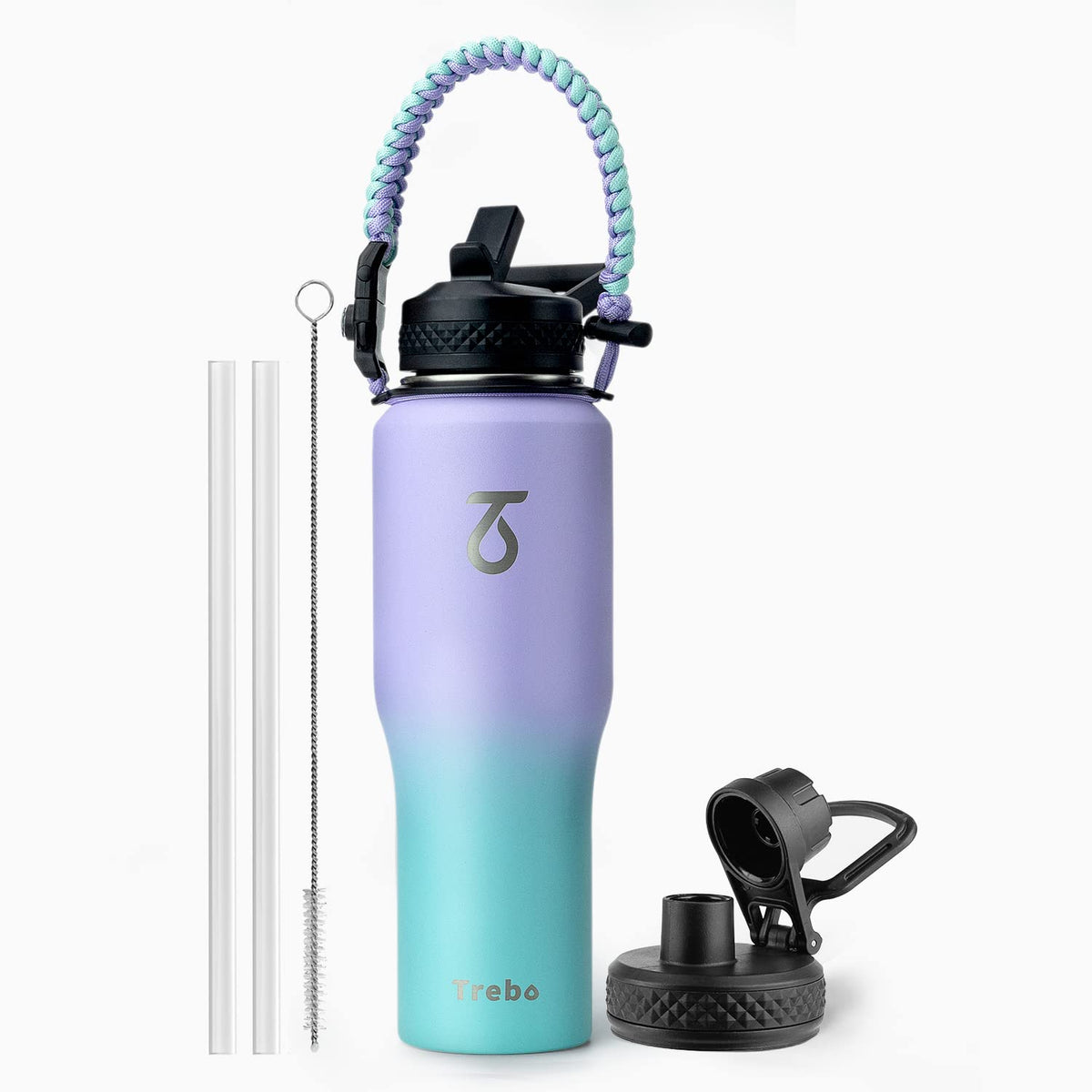 Trebo 40 oz Water Bottle Insulated Fit in Any Car Cup Holder with 2 Lids