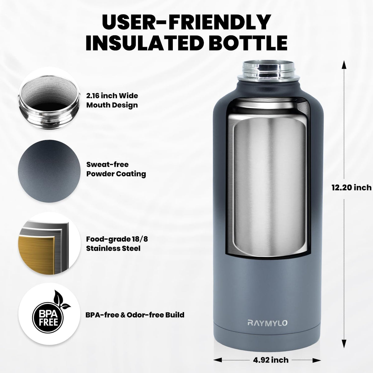 RAYMYLO Insulated Water Bottle 87 oz, Triple Wall Vacuum Stainless Steel