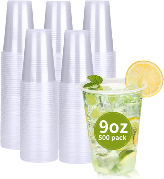 RACETOP 500 Pack 9 oz Plastic Cups, Clear Disposable Plastic Cups Bulk, Cold Drinking Party Cup, Transparent for Wedding, Thanksgiving, Christmas, Party