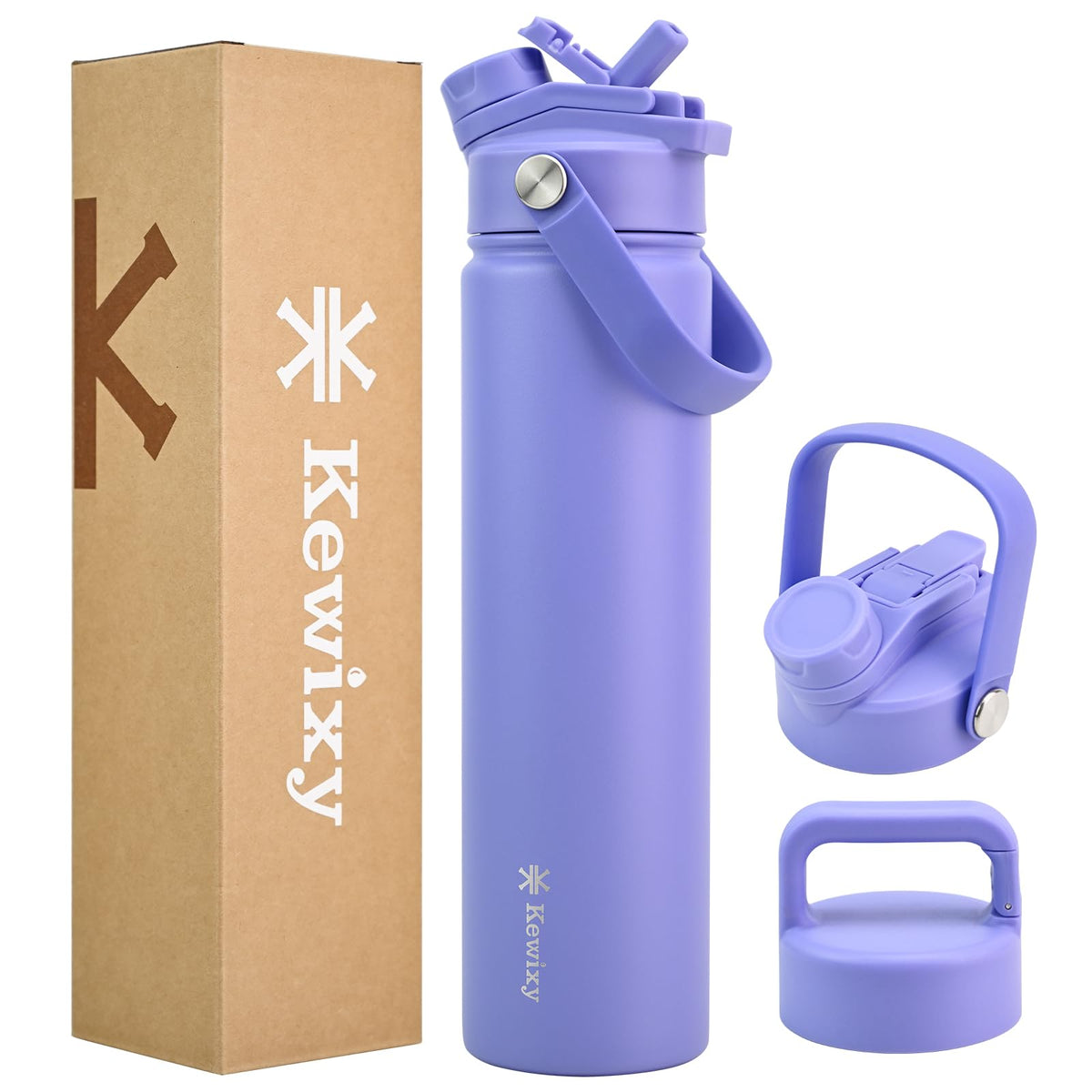 24 oz Insulated Water Bottle, 2-in-1 Lid, Straw & Spout with Protected, Leak Proof, Keep Cold 24H, Cup Holder Fit, Stainless Steel, Metal, Reusable, for Travel, Gym and School, 2 Lids, Midnight Black
