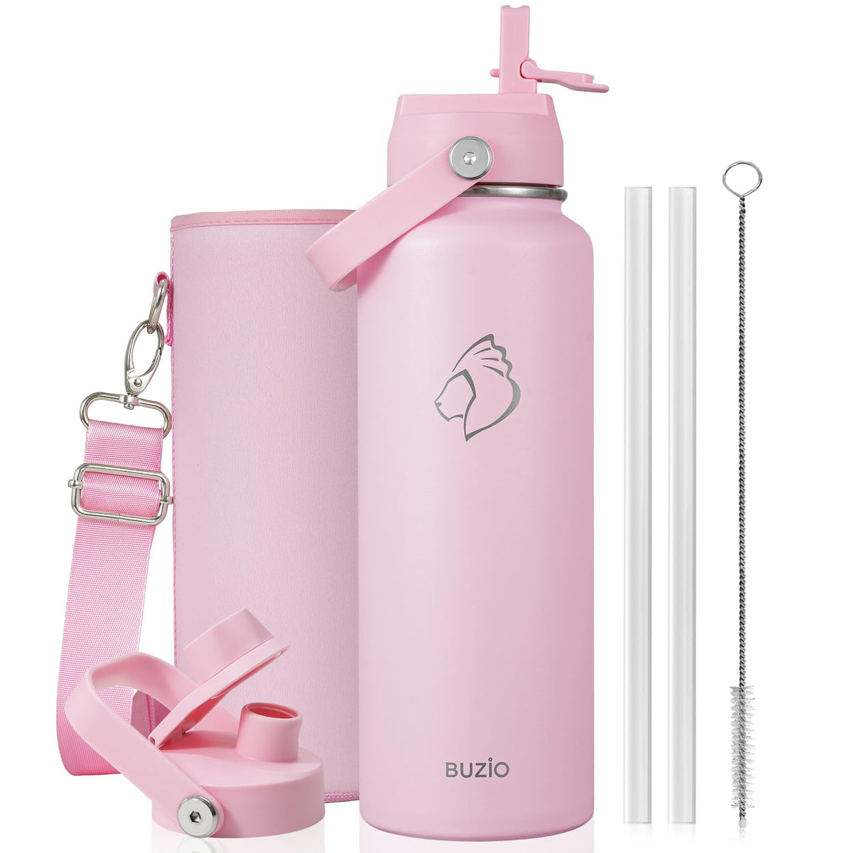 BUZIO 64 oz Insulated Stainless Steel Water Bottle with Dust-proof Lids