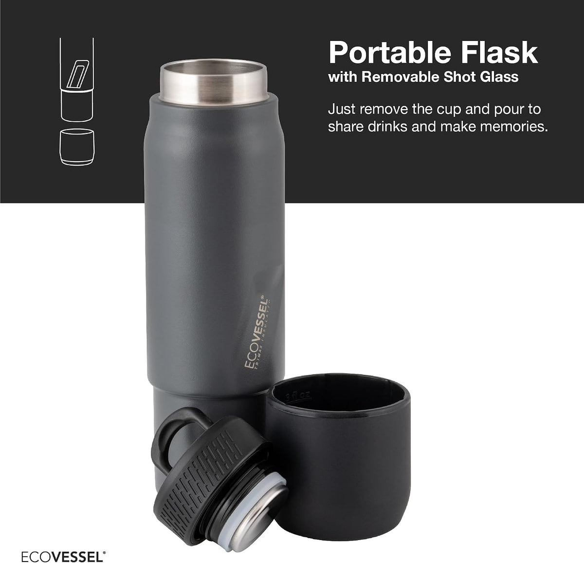 EcoVessel Flask with Removable Shot Cup 8 oz Insulated Orange