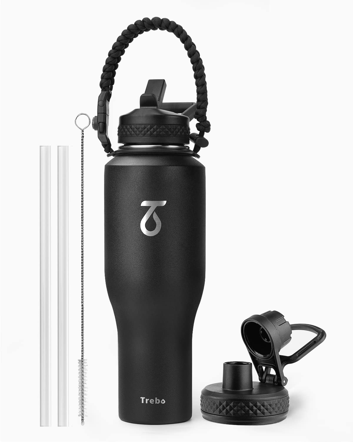 Trebo 40 oz Water Bottle Insulated Fit in Any Car Cup Holder with 2 Lids