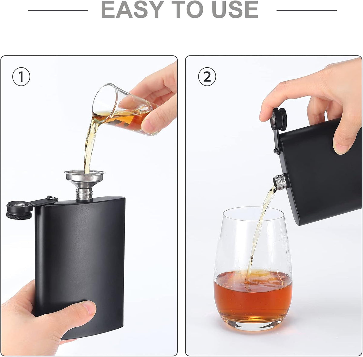 ROMORC 2 Pack Hip Flasks for Liquor Matte Black 8 Oz Stainless Steel Leak-proof Thin Flasks with 2pcs Funnels and Cups for Wedding Party, Groomsman, Bridesmaid, Gift (Black)