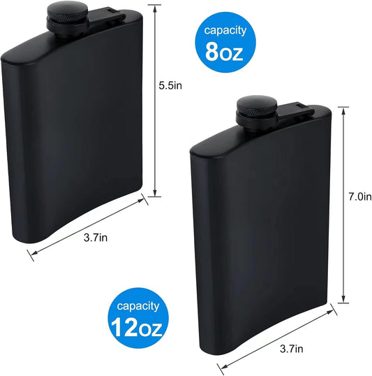 GADIEDIE 12oz+8oz Flask for Liquor for Men Matte Black Stainless Steel Leakproof Funnel and Cups, with Never-Lose Metal Cap, Drinking Flasks for Wedding Party Gift Outdoor Activities
