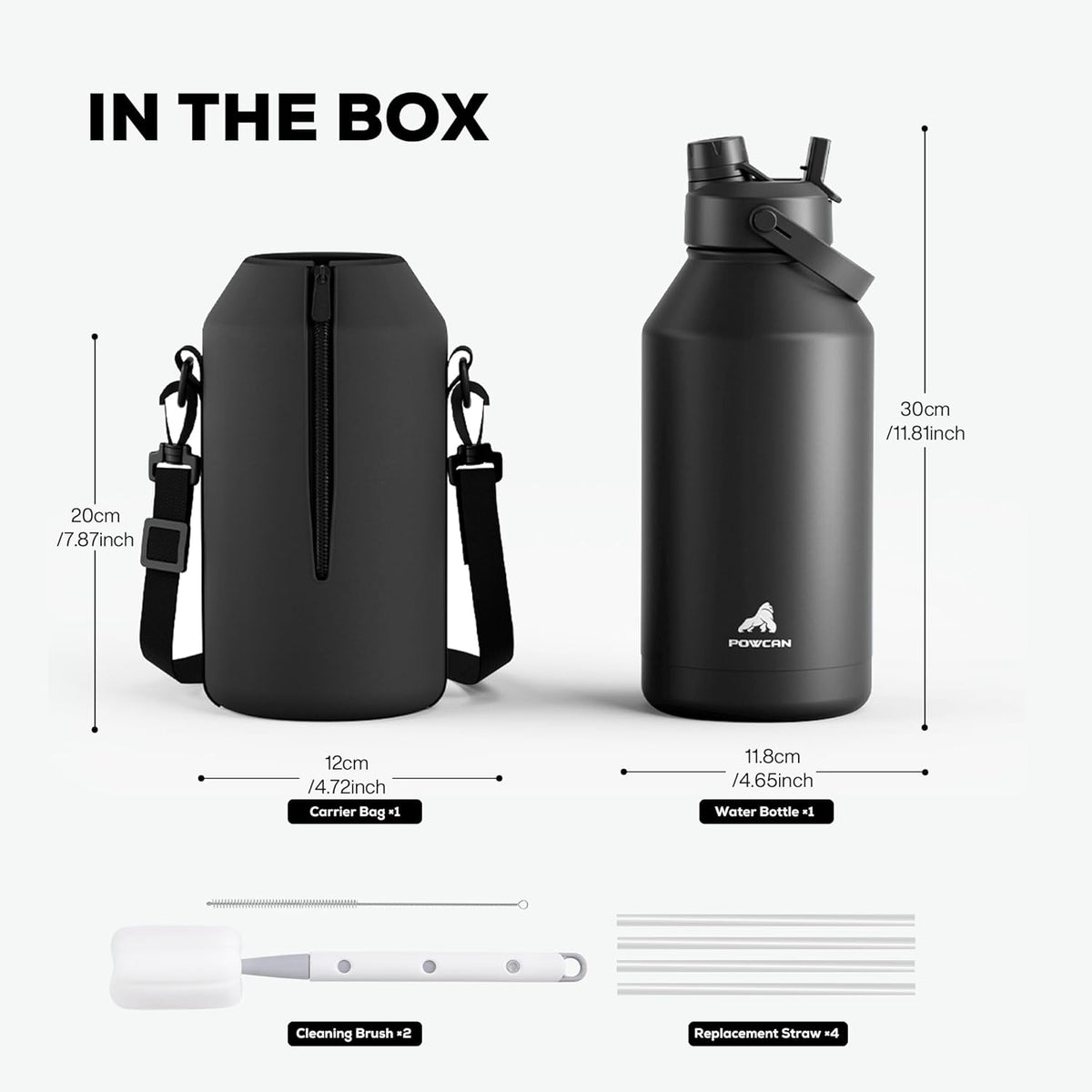 POWCAN 64 oz Insulated Water Bottle for Sports: 2-in-1 Straw & Spout Lid, Leakproof, Carrier Bag, Shoulder Strap, Keep Cold 48H, BPA-Free, Half Gallon Metal Water Jug for Gym, Travel, Gift (Midnight)