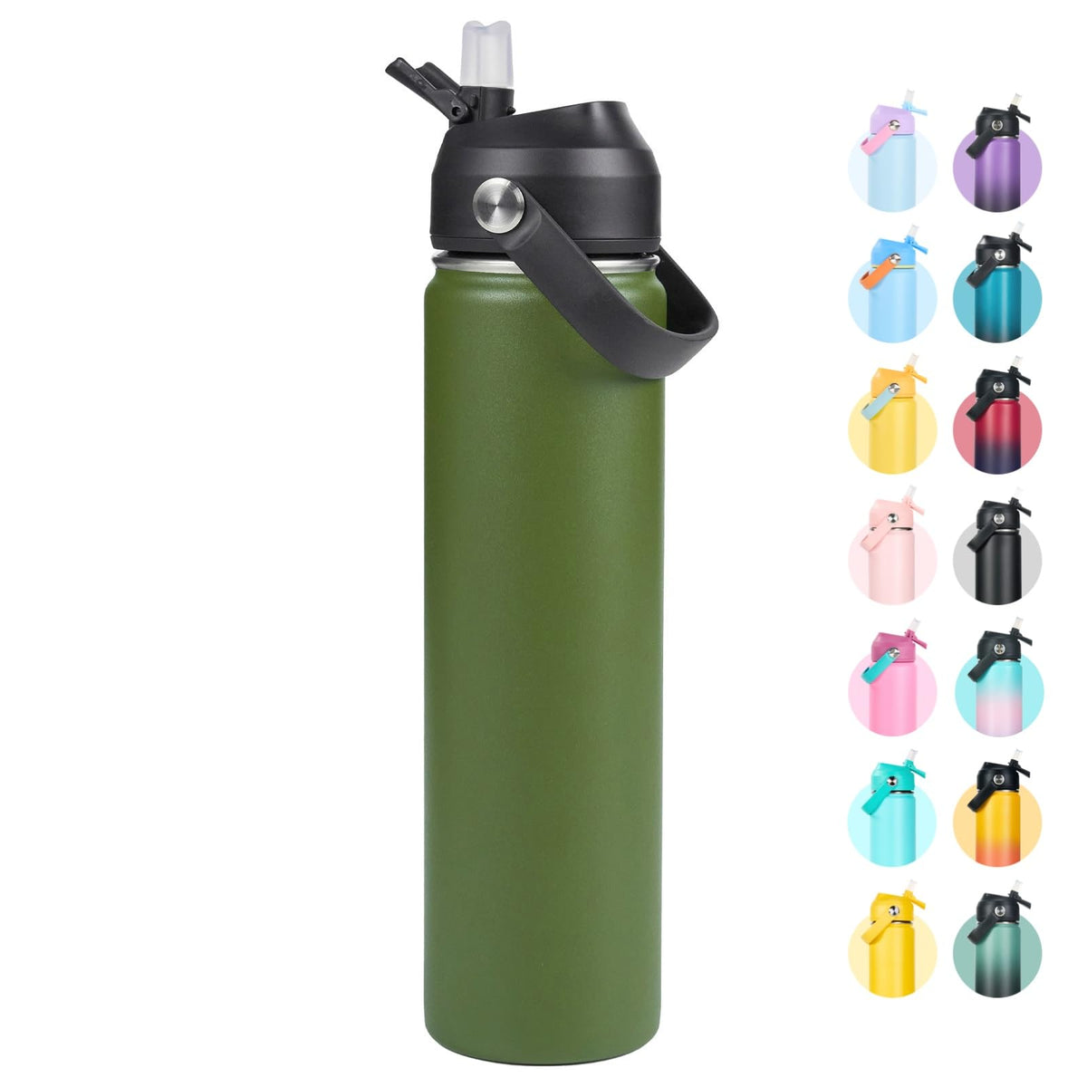 Fijinhom 24oz Insulated Stainless Steel Water Bottle, Wide Mouth Double Wall Vacuum, Silicone Straw, Sweat & Leak Proof, BPA Free Insulated Water Flask for Travel, Keep Cold 24h Hot 12h, Black