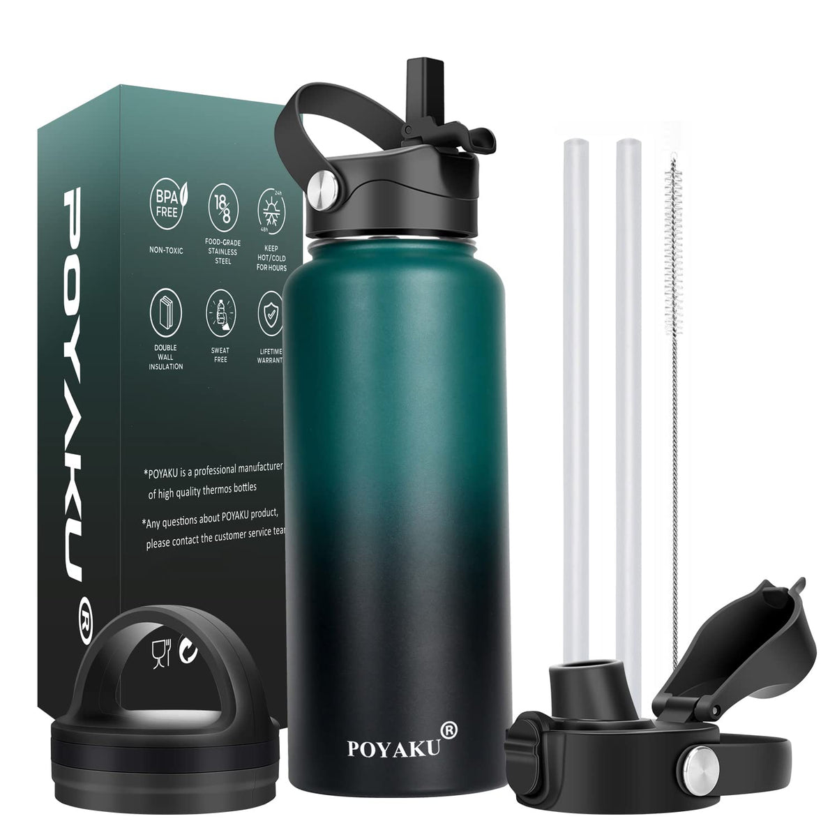 Water Bottle Insulated 32oz 40oz 64oz 128oz Straw Lid Spout Lid & 3 Lids, Leak Proof, Vacuum Insulated,Stainless Steel Water Bottle Wide Mouth for Sports, Gym or Office