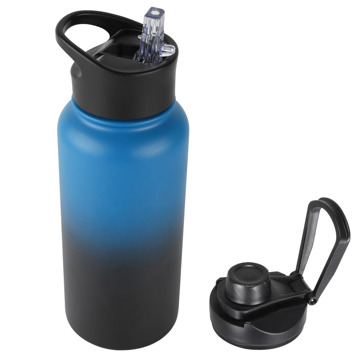 40 oz Insulated Water Bottle with Straw, Stainless Steel Sports Water Bottles with 2 Lids (Straw and Wide Mouth lid), Double Wall Vacuum, Leakproof, BPA-Free, Black