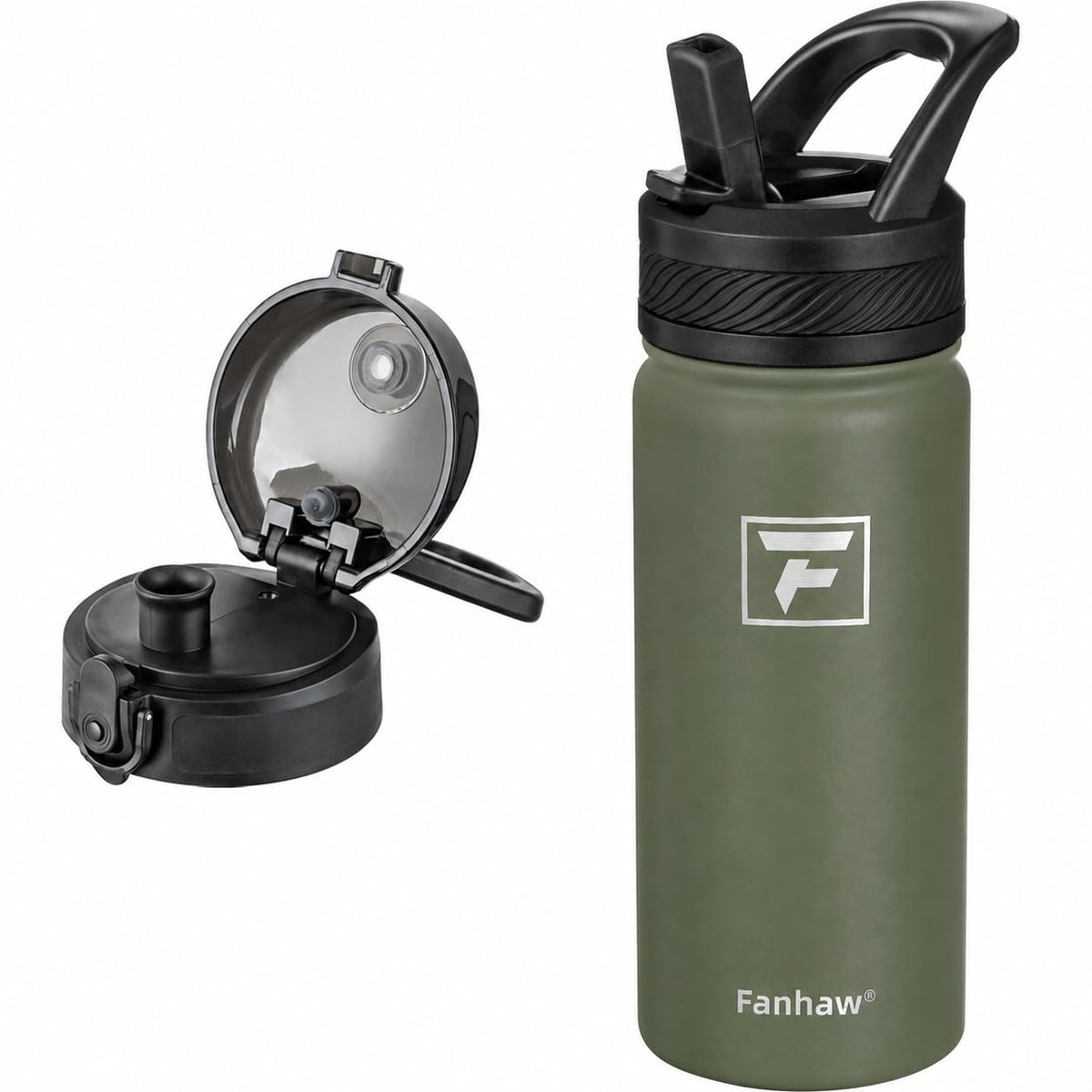 Fanhaw 32 oz Insulated Water Bottle – Portable Stainless Steel Flask with 3 Lids (Straw, Chug, Carabiner) | Leakproof, for Gym, Hiking, Work, Travel & Everyday Use (Black)