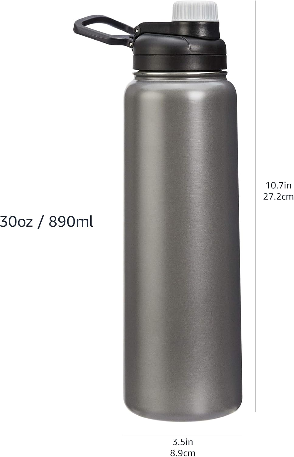 Amazon Basics Large Insulated Stainless Steel Water Bottle, Leakproof Spout Lid, BPA-Free, Vacuum Insulated, Keeps Drinks Cold, Portable, 30.1 ounces, Gray