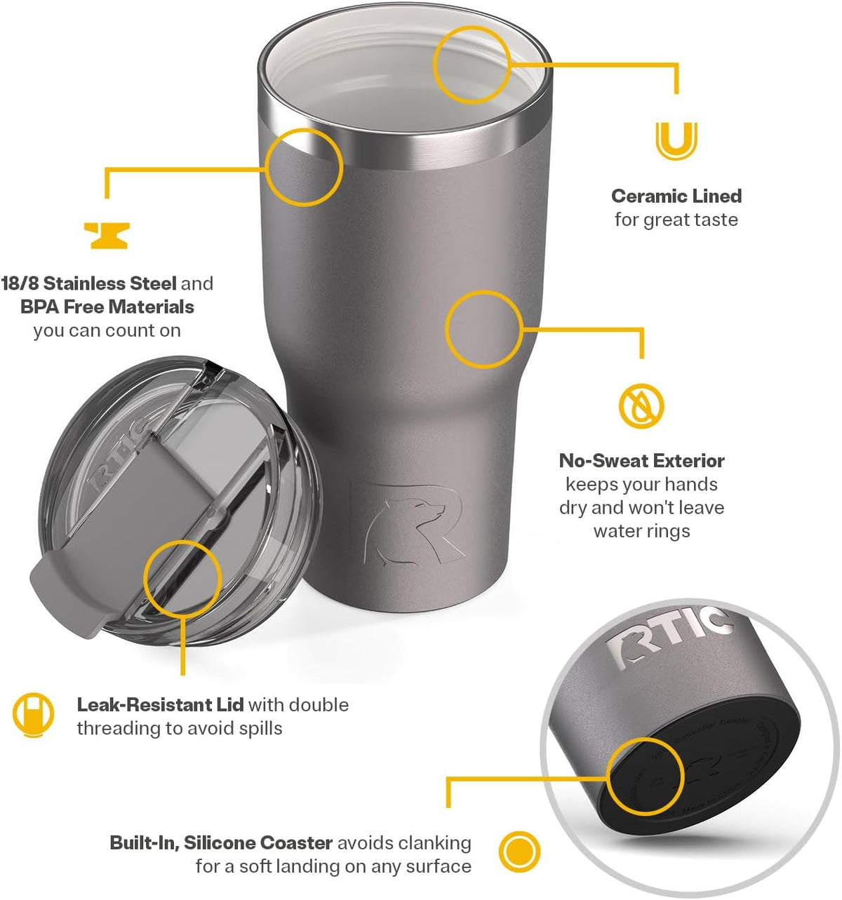 RTIC 20oz Essential Tumbler with Lid, Ceramic Lined, Graphite
