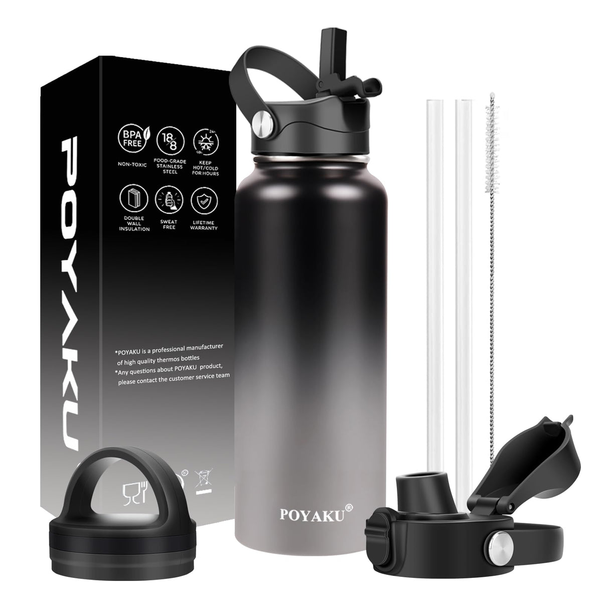 Water Bottle Insulated 32oz 40oz 64oz 128oz Straw Lid Spout Lid & 3 Lids, Leak Proof, Vacuum Insulated,Stainless Steel Water Bottle Wide Mouth for Sports, Gym or Office