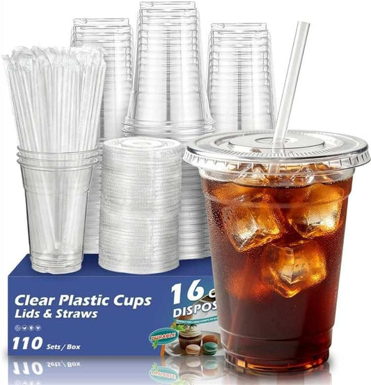 110 Pack 16 oz Clear Plastic Cups with Lids and Straws
