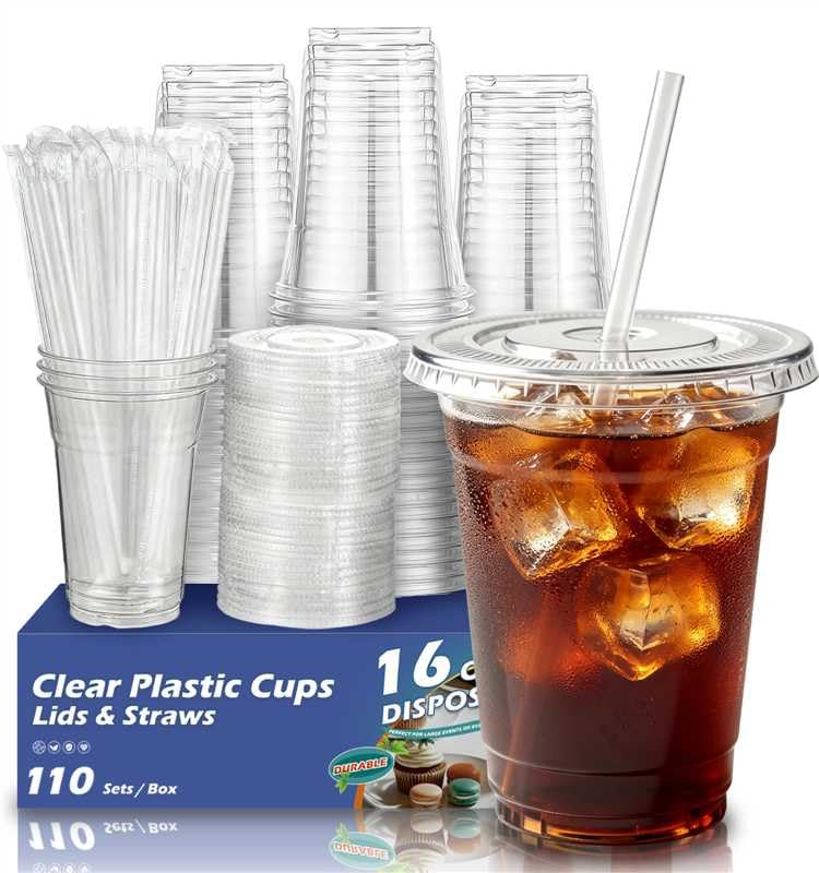 110 Pack 16 oz Clear Plastic Cups with Lids and Straws