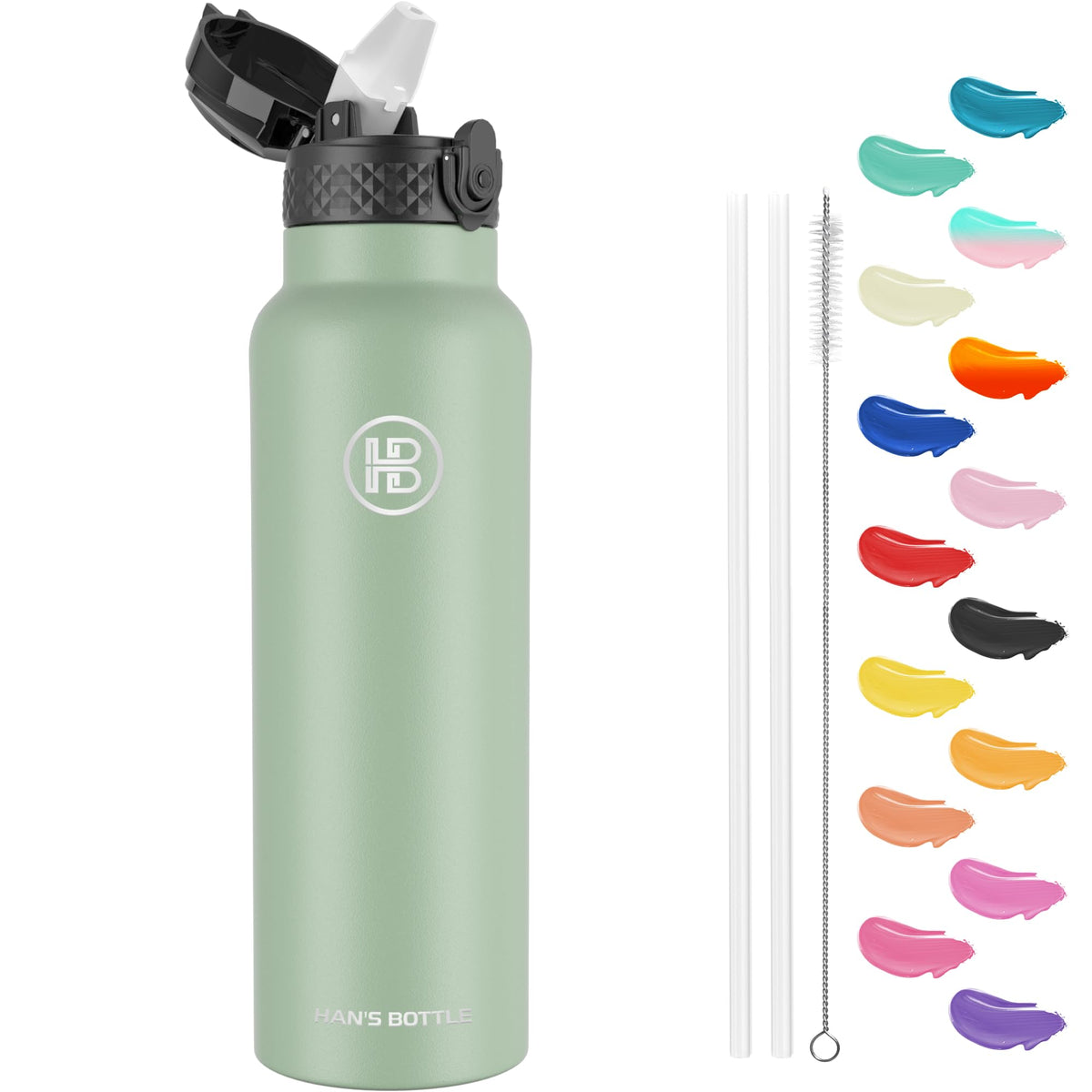 Han's Bottle Sports Water Bottle - 24 Oz, Straw Lid, Leak Proof, Vacuum Insulated Stainless Steel, Double Walled, Thermo Mug,Black