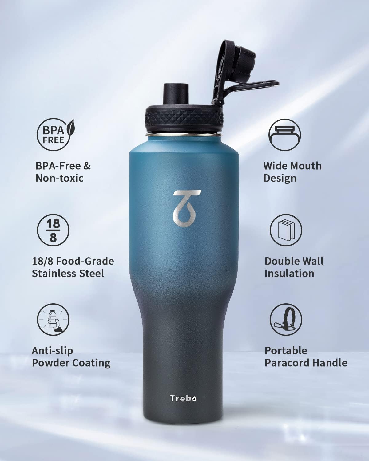Trebo 40 oz Water Bottle Insulated Fit in Any Car Cup Holder with 2 Lids