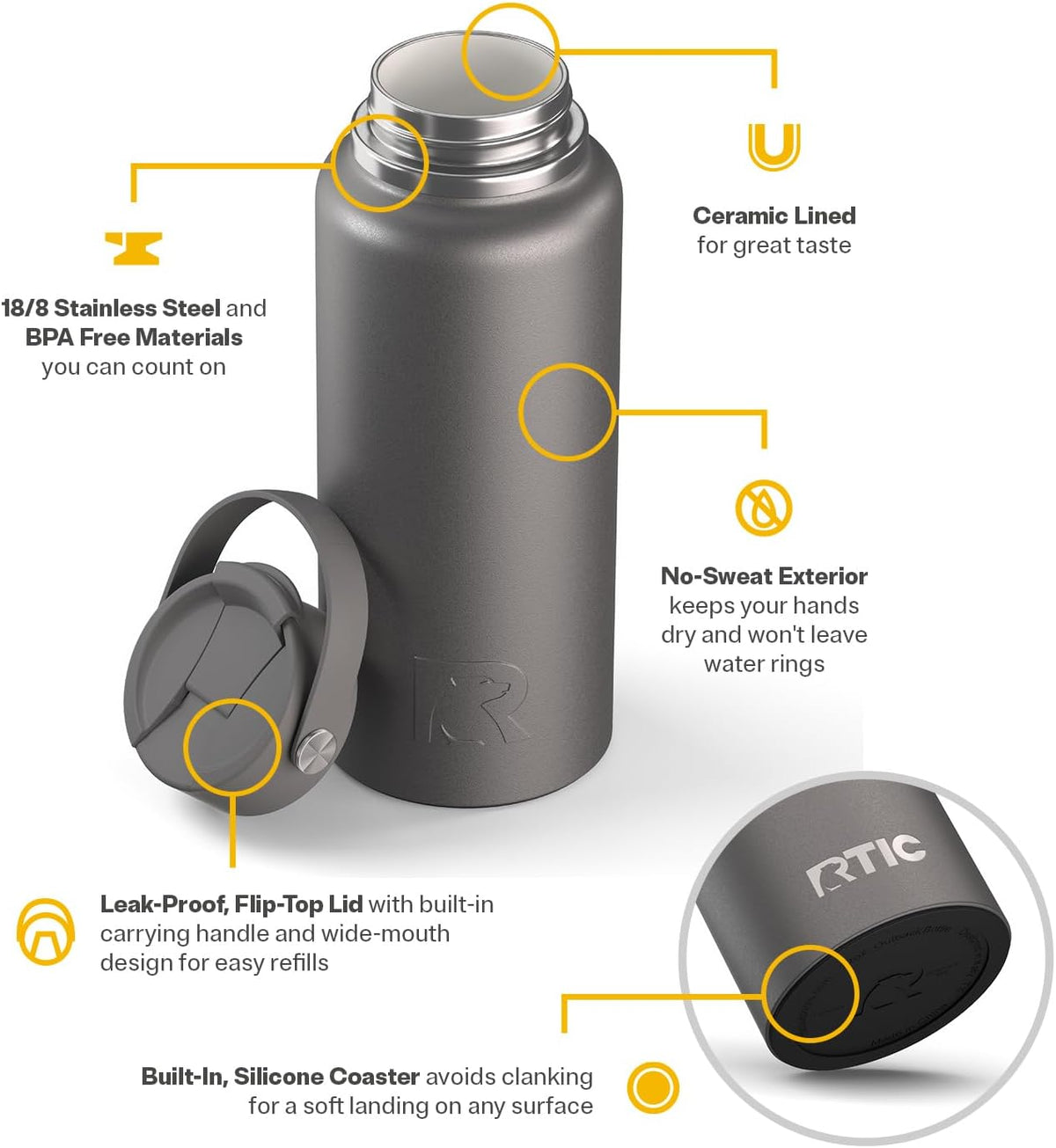 RTIC 32oz Outback Water Bottle, Ceramic Lined, Graphite