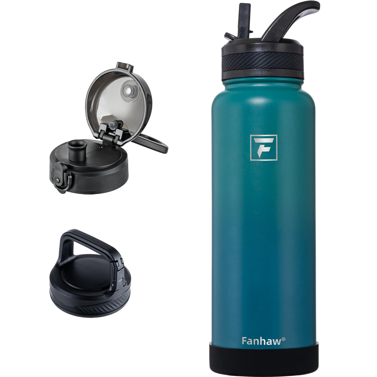 Fanhaw 32 oz Insulated Water Bottle – Portable Stainless Steel Flask with 3 Lids (Straw, Chug, Carabiner) | Leakproof, for Gym, Hiking, Work, Travel & Everyday Use (Black)