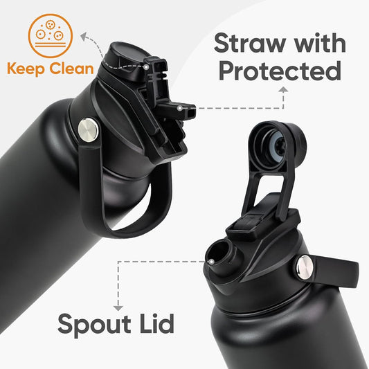 24 oz Insulated Water Bottle, 2-in-1 Lid, Straw & Spout with Protected, Leak Proof, Keep Cold 24H, Cup Holder Fit, Stainless Steel, Metal, Reusable, for Travel, Gym and School, 2 Lids, Midnight Black