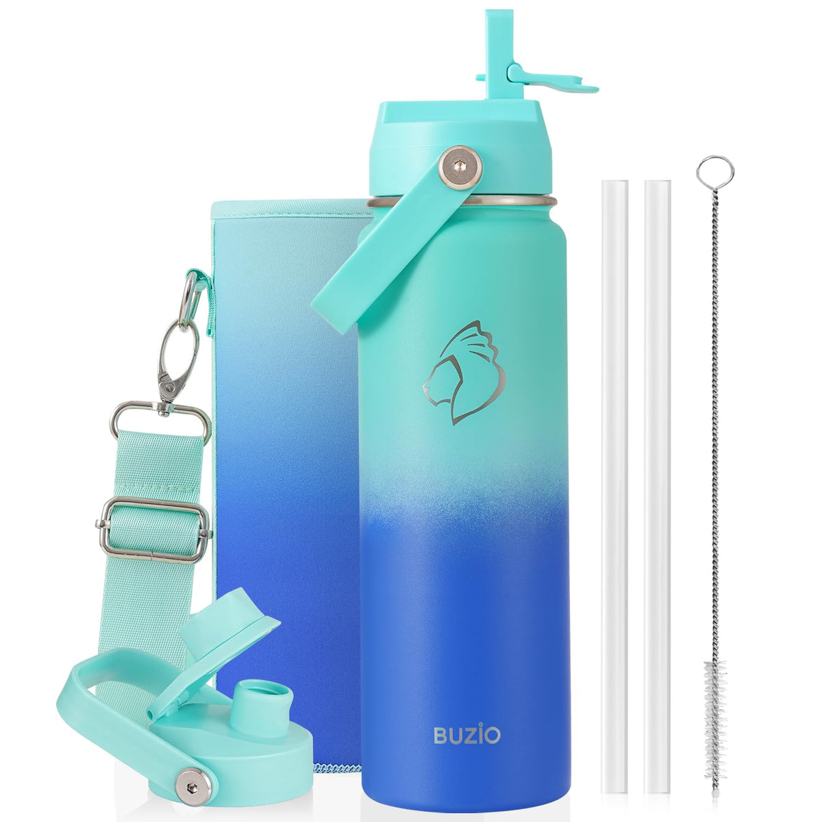 BUZIO 64 oz Insulated Stainless Steel Water Bottle with Dust-proof Lids