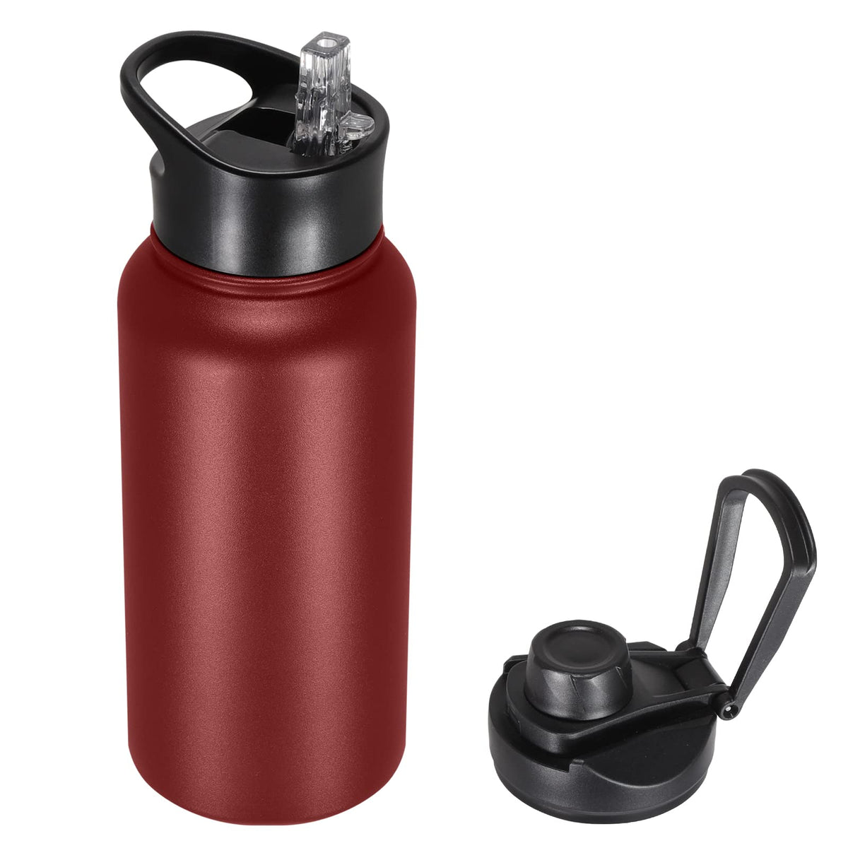 40 oz Insulated Water Bottle with Straw, Stainless Steel Sports Water Bottles with 2 Lids (Straw and Wide Mouth lid), Double Wall Vacuum, Leakproof, BPA-Free, Black
