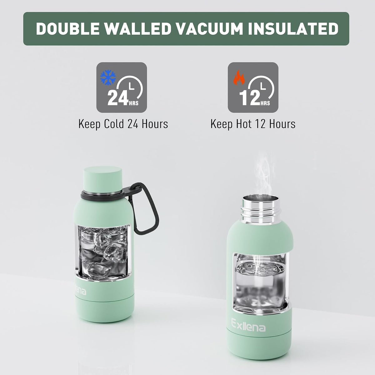 Exllena Small Water Bottle 12oz with Clip, Double Wall Stainless Steel Vacuum Small Insulated Water Bottle Keeps Drinks Cold 24 Hrs/Hot 12 Hrs for Kids Handbag School BPA Free (Mint)