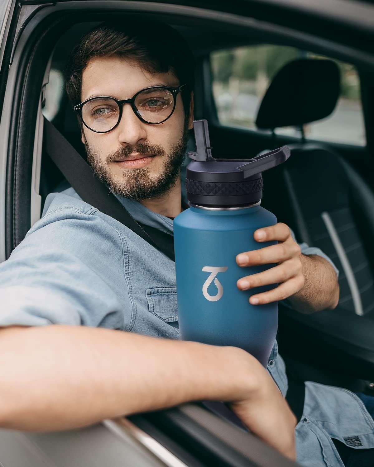 Trebo 40 oz Water Bottle Insulated Fit in Any Car Cup Holder with 2 Lids