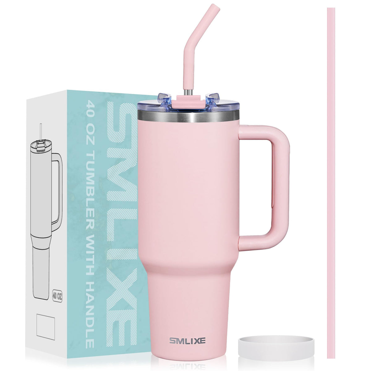 40 oz Tumbler with Handle and Straw Lid,Insulated Reusable Stainless Steel Water Bottle Travel Mug，Cupholder Friendly Double Wall Vacuum Sealed Cup (Pink)