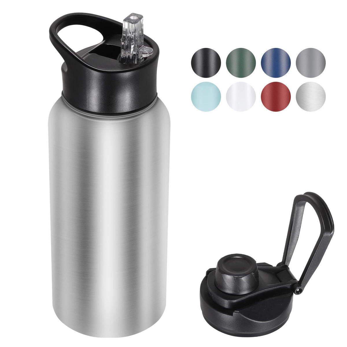 40 oz Insulated Water Bottle with Straw, Stainless Steel Sports Water Bottles with 2 Lids (Straw and Wide Mouth lid), Double Wall Vacuum, Leakproof, BPA-Free, Black