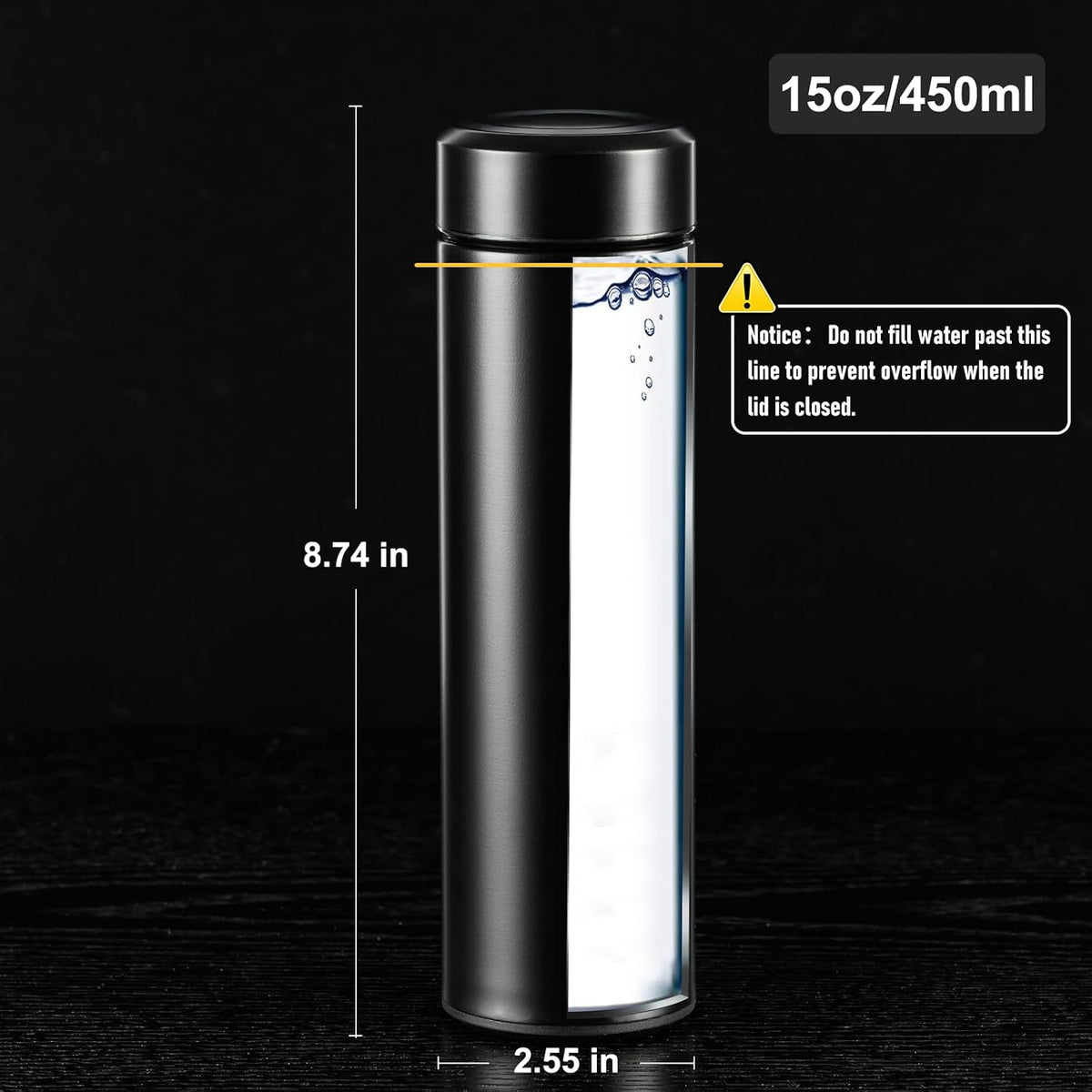 PARACITY Insulated Water Bottle, 15 oz Stainless Steel Water Bottle, Black