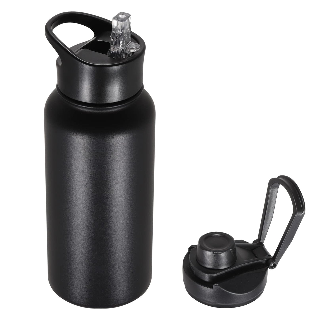40 oz Insulated Water Bottle with Straw, Stainless Steel Sports Water Bottles with 2 Lids (Straw and Wide Mouth lid), Double Wall Vacuum, Leakproof, BPA-Free, Black