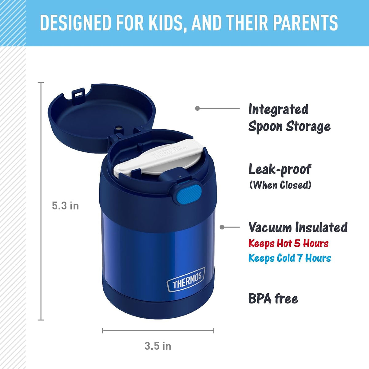 THERMOS FUNTAINER Kids Food Jar with Spoon, 10oz, Navy