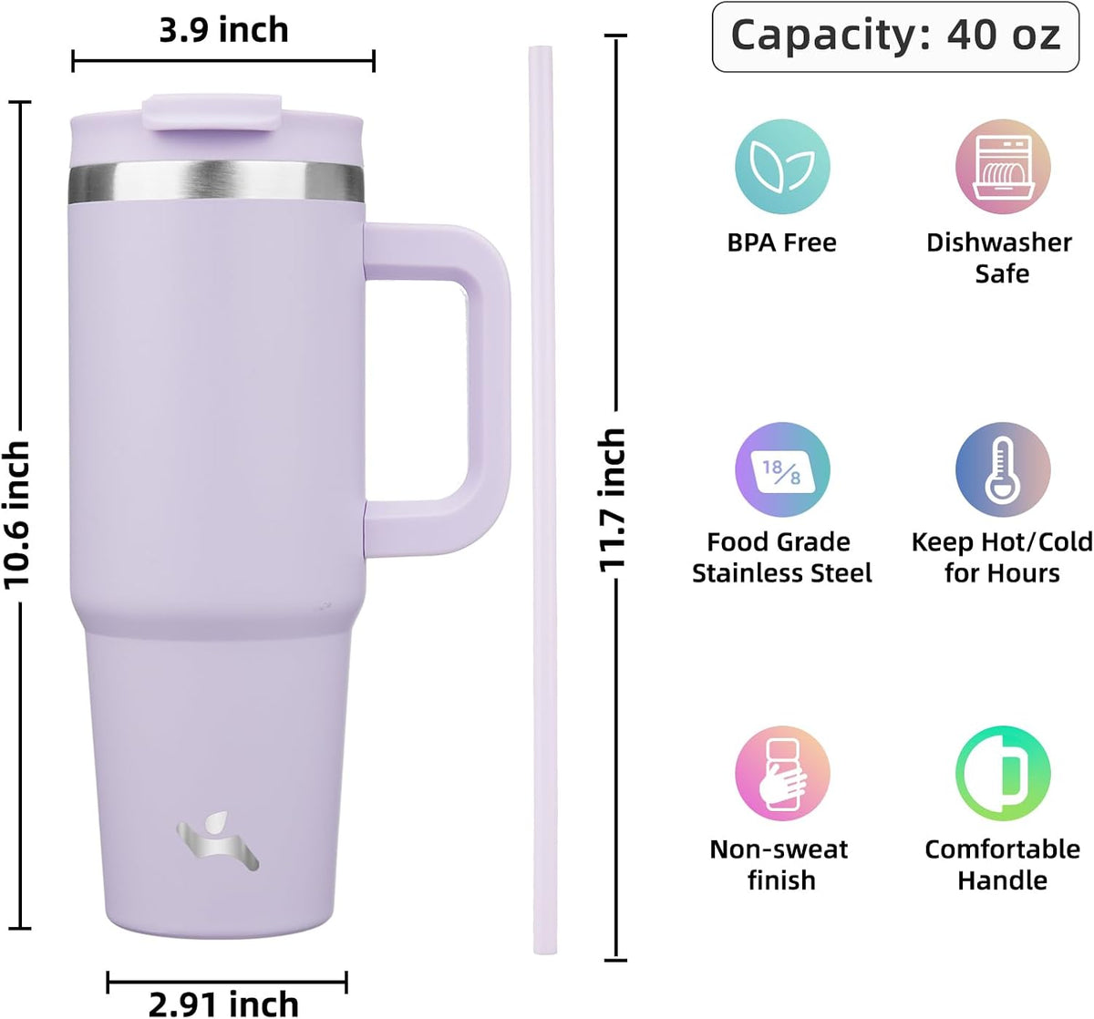 Konokyo 40 oz Insulated Tumbler Water Bottle with Handle, Straw Lid