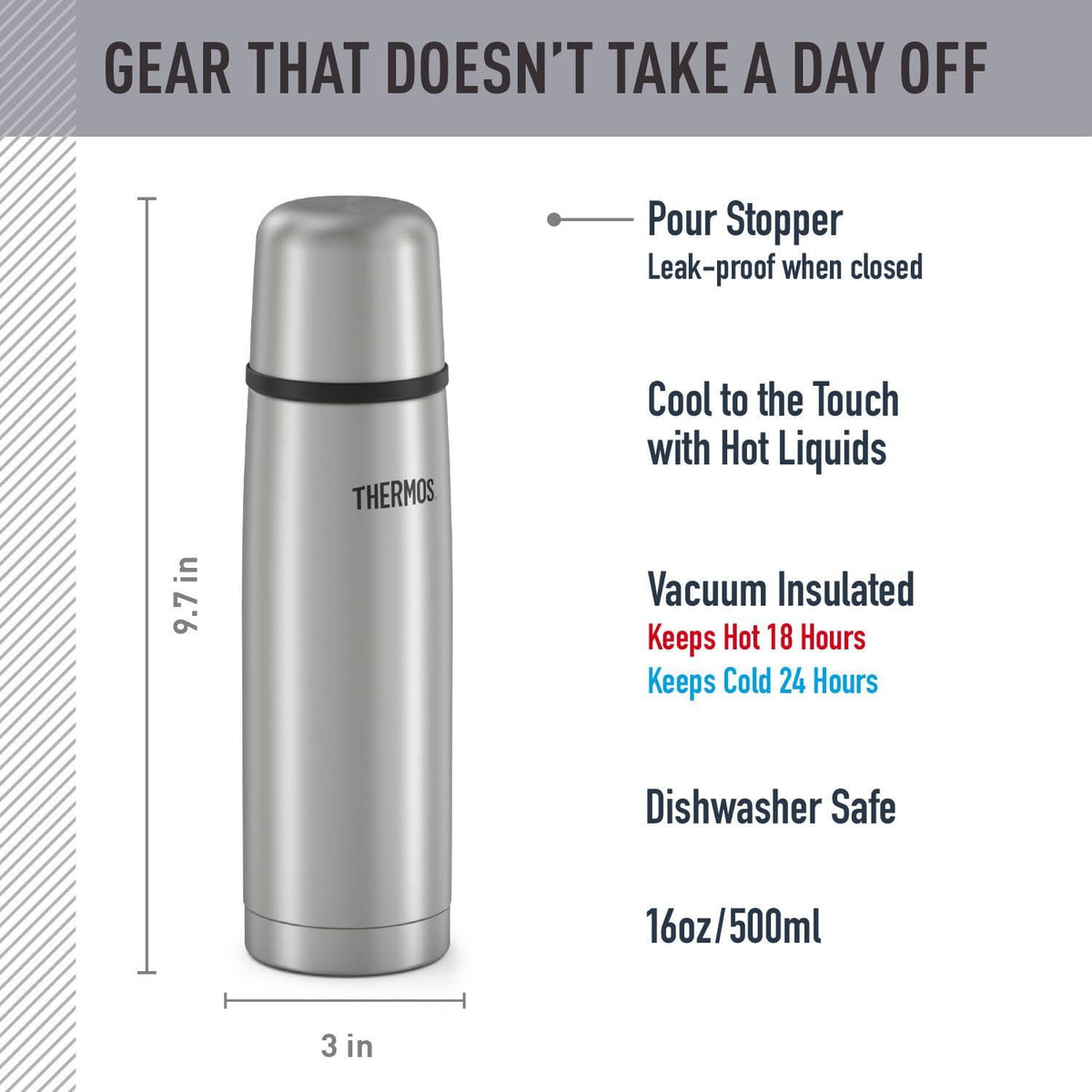 Thermos Vacuum Insulated 16 Ounce Compact Stainless Steel Beverage Bottle
